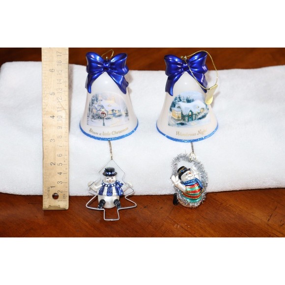 Glued* Lot Thomas Kinkade Ringing in Holiday Christmas Bell Ornaments W/ Snowmen - Picture 3 of 13